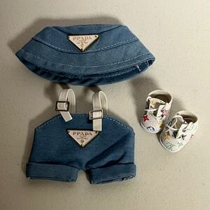 Labubu Designer Overalls Sneakers Bucket Hat 3 Piece Outfit Blue Suspenders Shoe